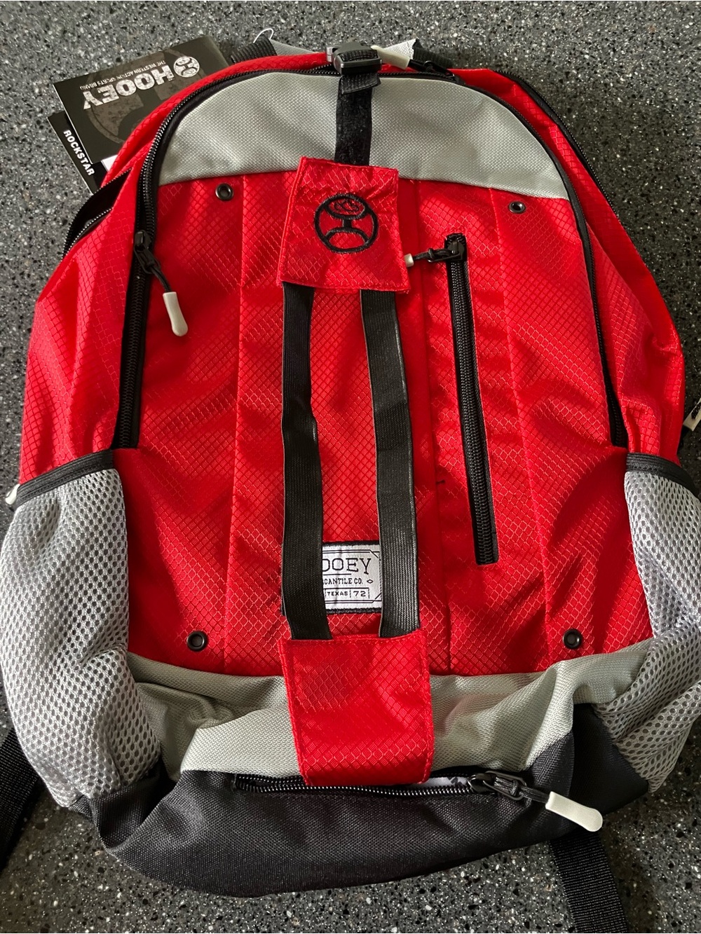 Hooey Red, Gray and Black unisex Backpack with hat holder and rain cover NWT